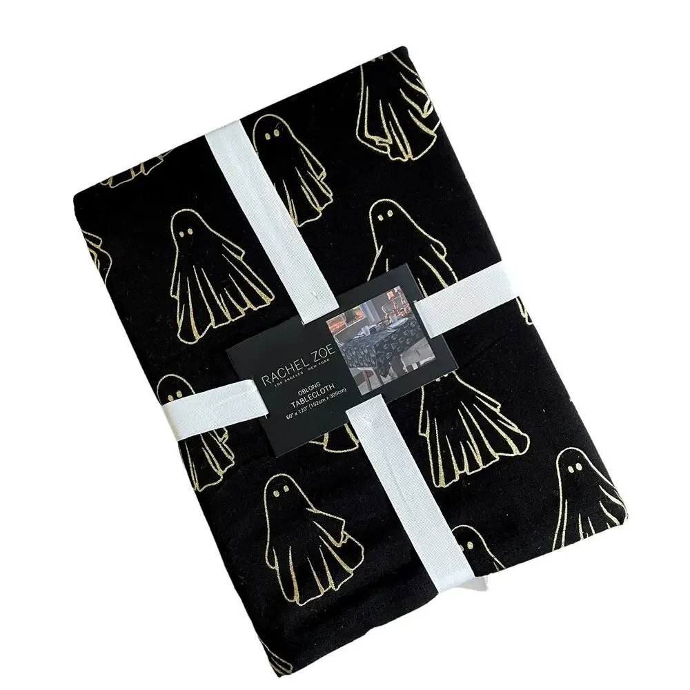 Rachel Zoe HALLOWEEN GHOST Tablecloth 60x120 Oblong Cotton Black & Gold NEW